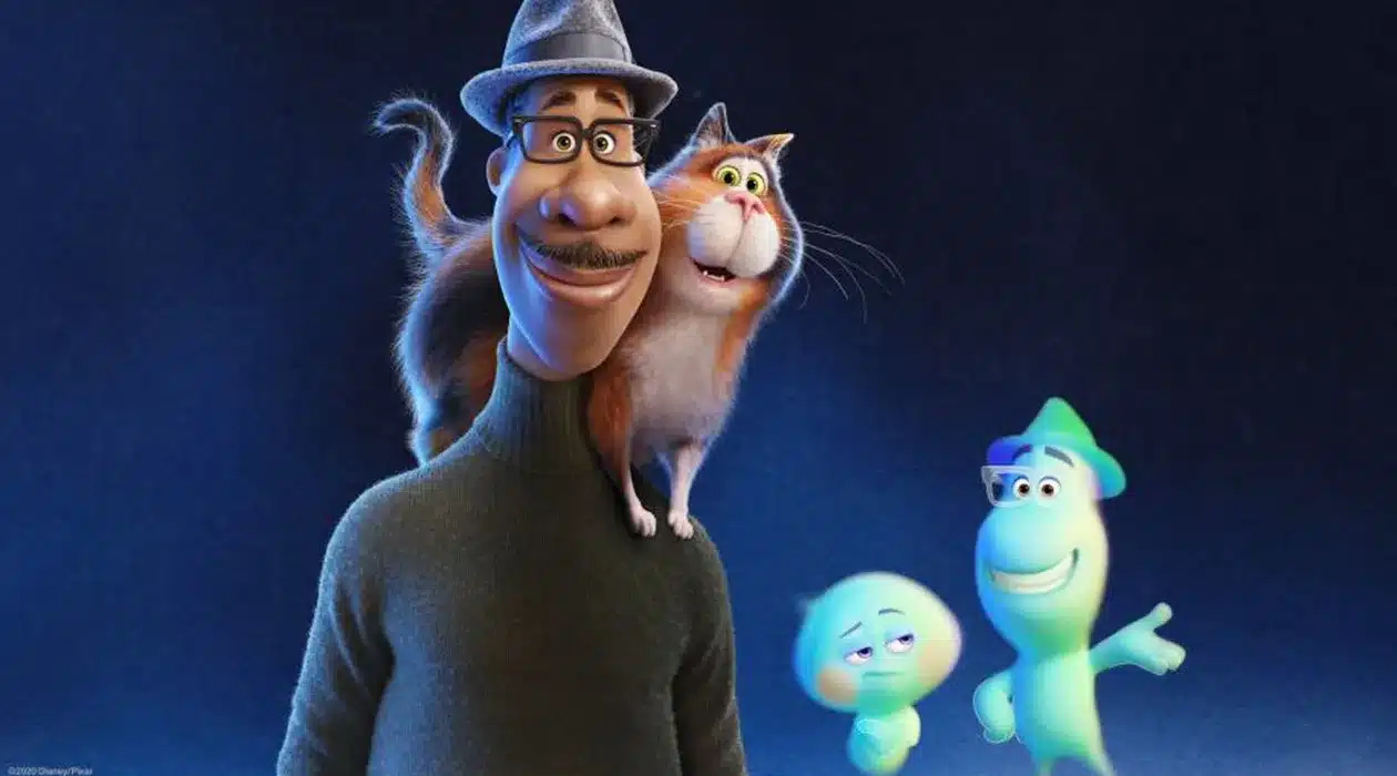 Joe Gardner junto al gato y el alma 22 en Soul, representando la conexión entre mundos, el aprendizaje compartido y la transformación espiritual a través de la experiencia humana.